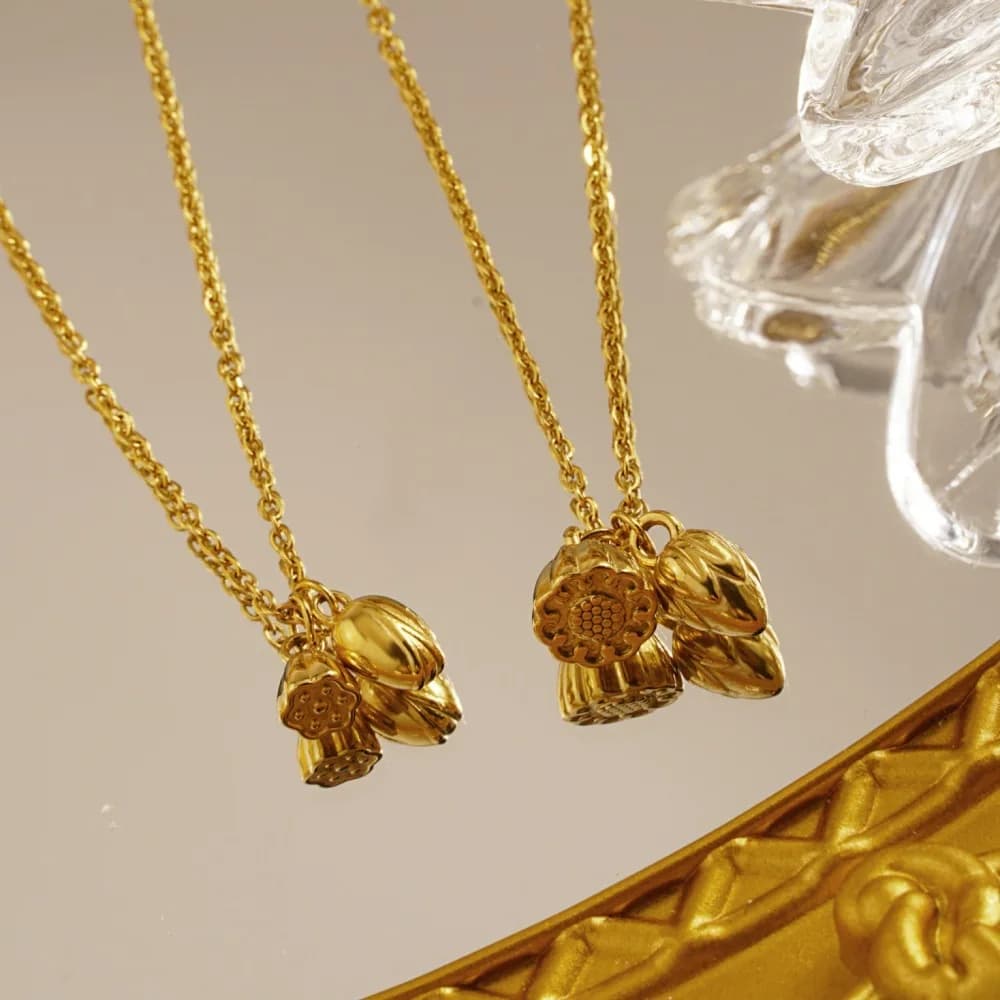 Women's Necklace with Lotus Flower Pendant and Seeds Stainless Steel Plated Vegetable Jewelry