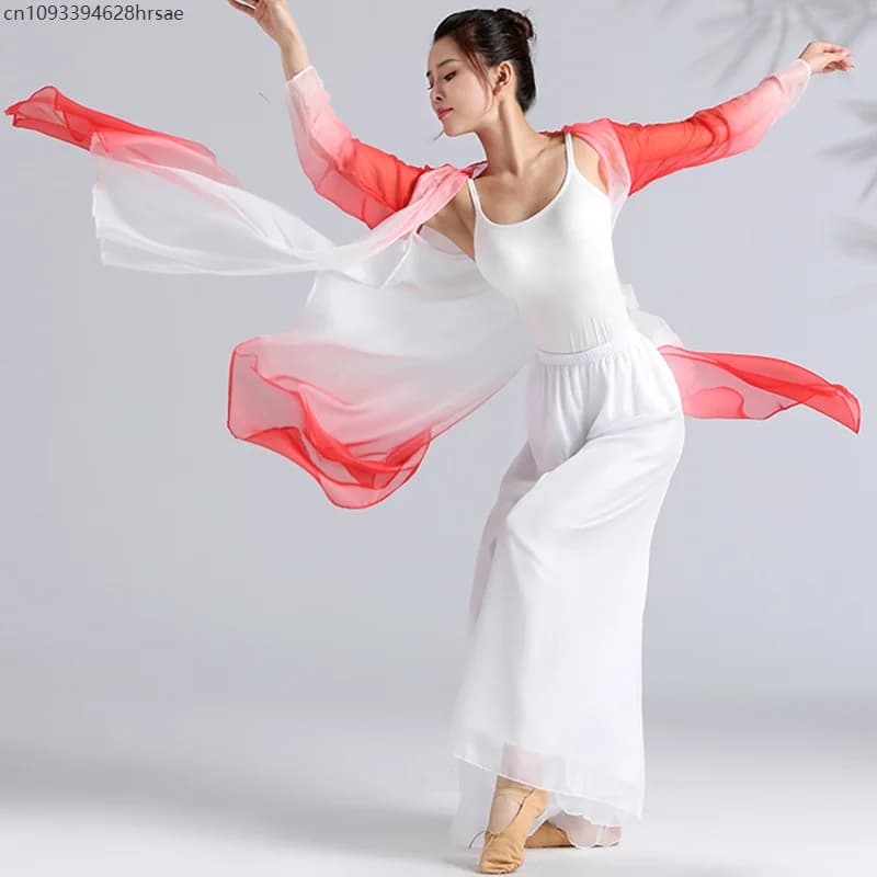 Top lunghi da danza classica da donna Camicia ampia fluida Cardigan in chiffon sfumato Mantello Costume da spettacolo teatrale di danza popolare cinese