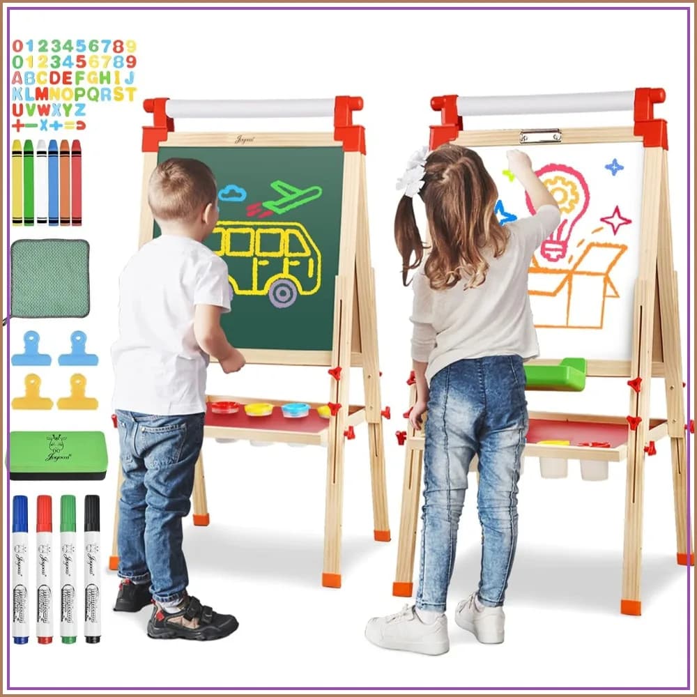 Adjustable Double Sided Wooden Easel with Paper Roll for Kids - Magnetic Whiteboard & Chalkboard, Art Drawing Board for Boys Girls Ages 3-12