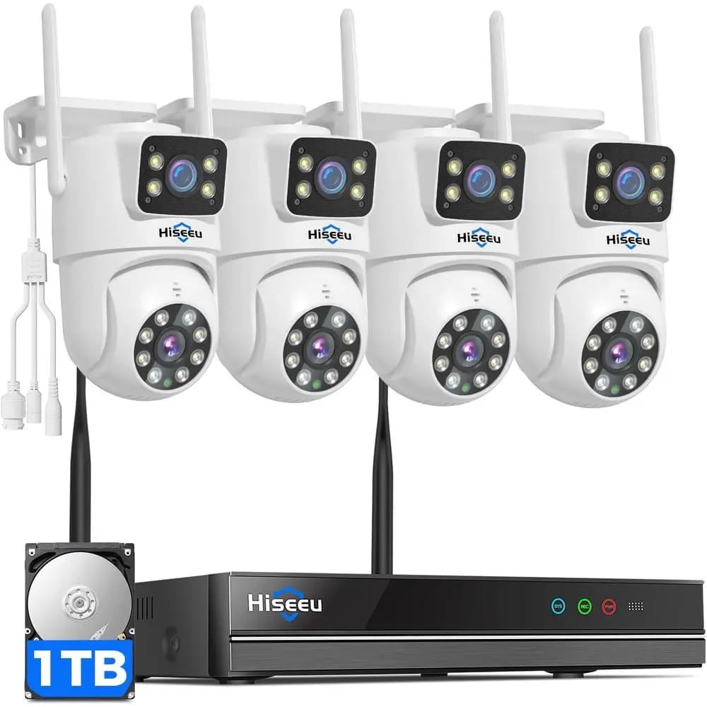 Sistema di Telecamere di Sicurezza per Esterni a Doppia Lente, 360° ° Telecamera Panoramica con Tracciamento Automatico, Visione Notturna a Colori, Archiviazione 1TB, Richiede Connessione alla Presa