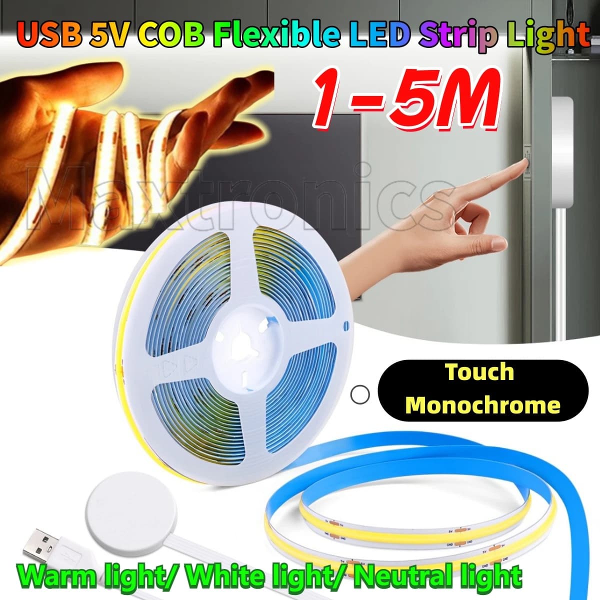 1-5M USB Touch 5V COB Flexible LED Strip Light Kit Warm White/White Monochrome 10mm 608led/M for Home Cabinet Atmosphere Decor