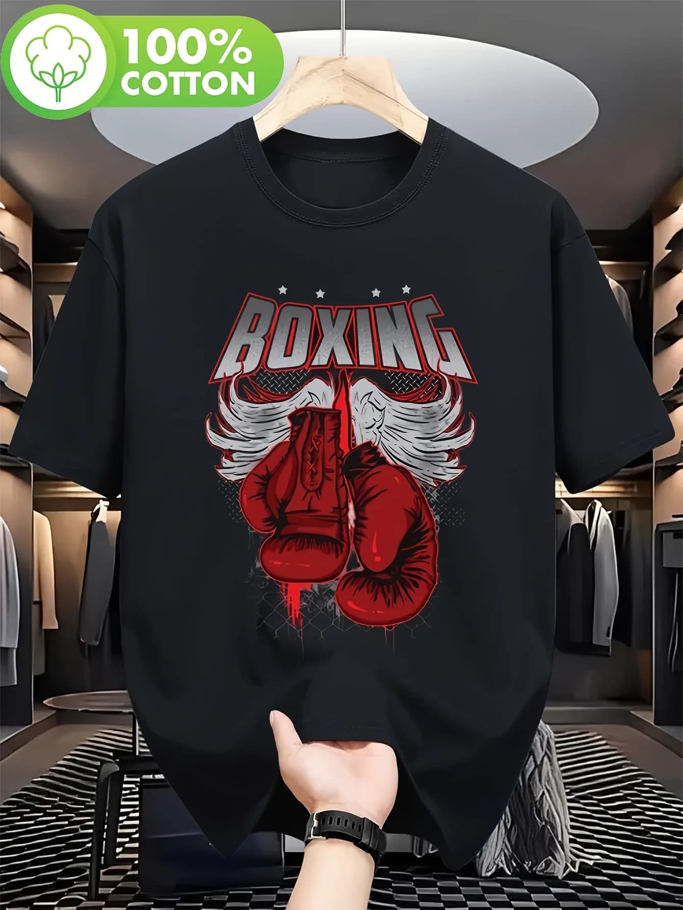 T-shirt da boxe da uomo con guanti e stampa logo - Top da allenamento traspirante ed elastico, adatto per palestra, boxe, feste e abbigliamento sportivo