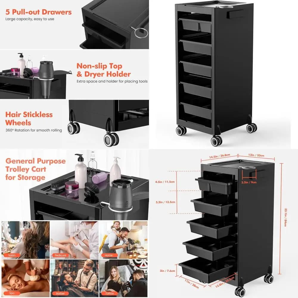 Multipurpose trolley with wheels, Vano Portaoggetti, Support for hair dryers and shelves Adjustable for beauty, hairdressers and tattoo makers