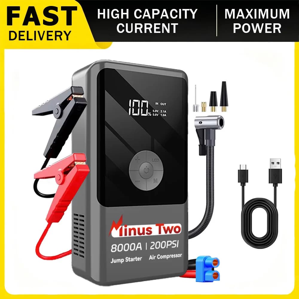 Avviatore di Emergenza Intelligente con Display Digitale e Pompa d'Aria, Gonfiatore Portatile per Pneumatici 12V, Booster di Emergenza per Auto