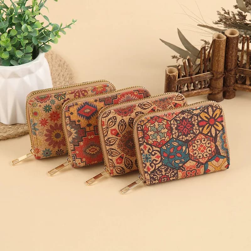High-Capacity Card Holder Sustainable Printed Coin Purse Short Wallet Lightweight Pu Cork Wallet For Traveling Working Pocket