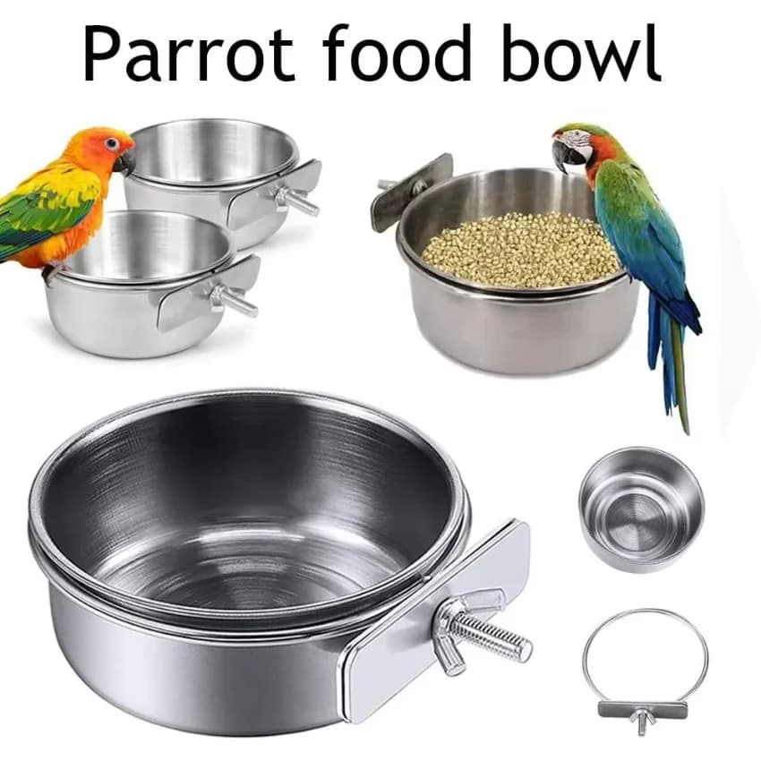 Stainless Steel Bird Bowls Parrot Feeding Bowl Cage Cup Hanging Bowl Clamp-on Water Drinker Pet Food Dish Parrot Rabbit Hamster