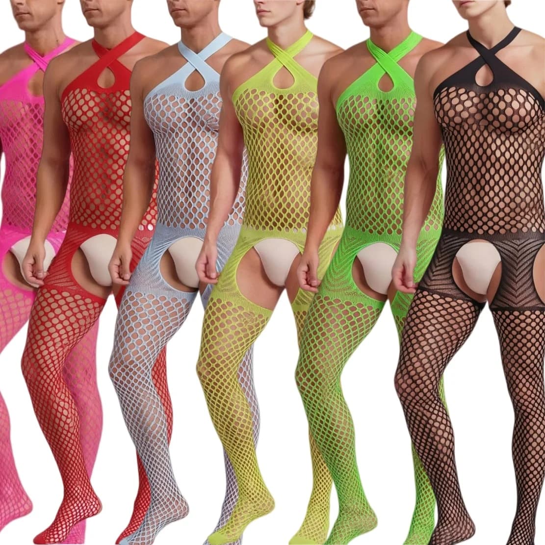 Men Mesh Bodysuit Sleepwear Sleeveless See Through Fishnet One Piece Pajamas Open Crotch BodyStockings Nightwear Club Lingerie