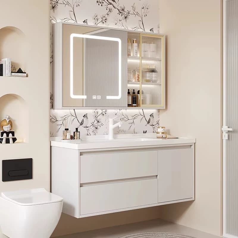 Mobile Bagno Vintage in Legno Massello con Cassetti, Specchio e Armadietti Contenitori per Trucchi