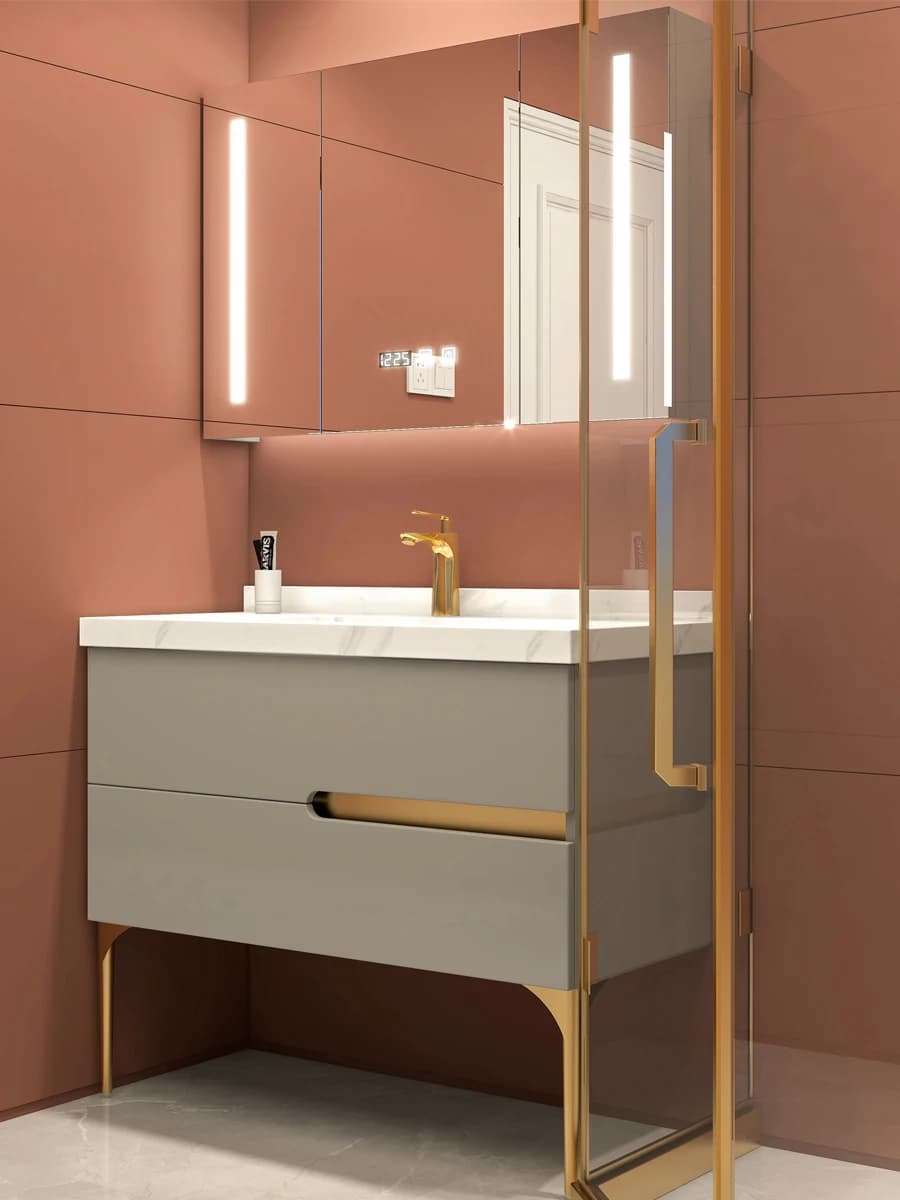 Mobile Bagno a Colonna di Lusso Leggero con Lavabo, Specchio e Mobiletto, Stile Moderno Nordico, Combinazione Smart per Lavaggio Mani