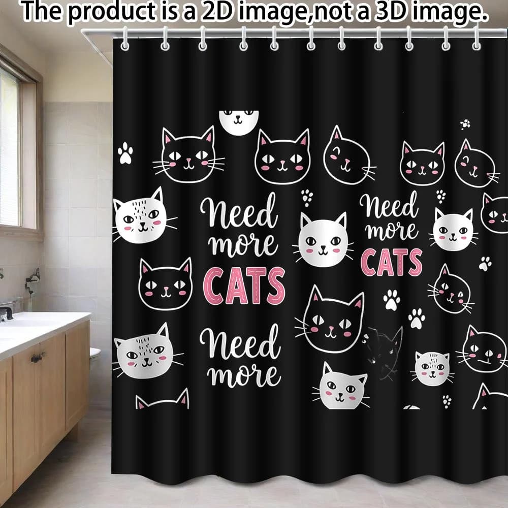 Tenda Doccia con Stampa Viso di Gatto e Scritta 'Need More CATS' in Rosa, Impronte di Zampe di Gatto Bianche su Nero, Poliestere Impermeabile, con Occhielli