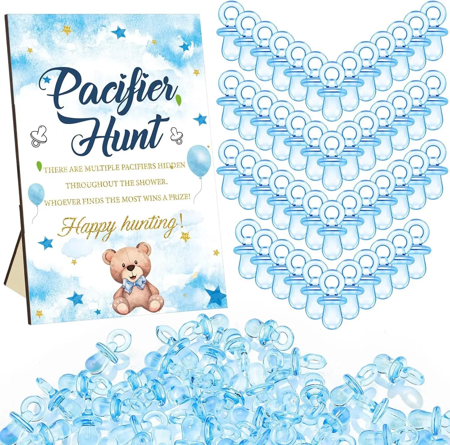 50Pcs Bear Pacifier Hunt Baby Shower Games Include Neutral Bear Themed Hunt Sign and Acrylic Pacifiers for Baby Shower Game Deco