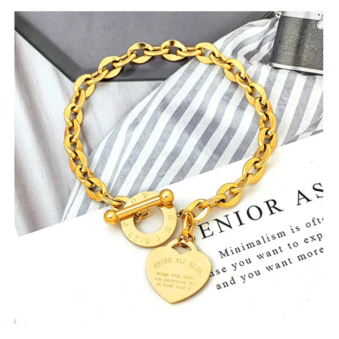 LAMENGLY 316L Stainless Steel Hypoallergenic Engraved Heart Bracelet Gold Plated Toggle Chain Jewelry Delicate Gift for Women