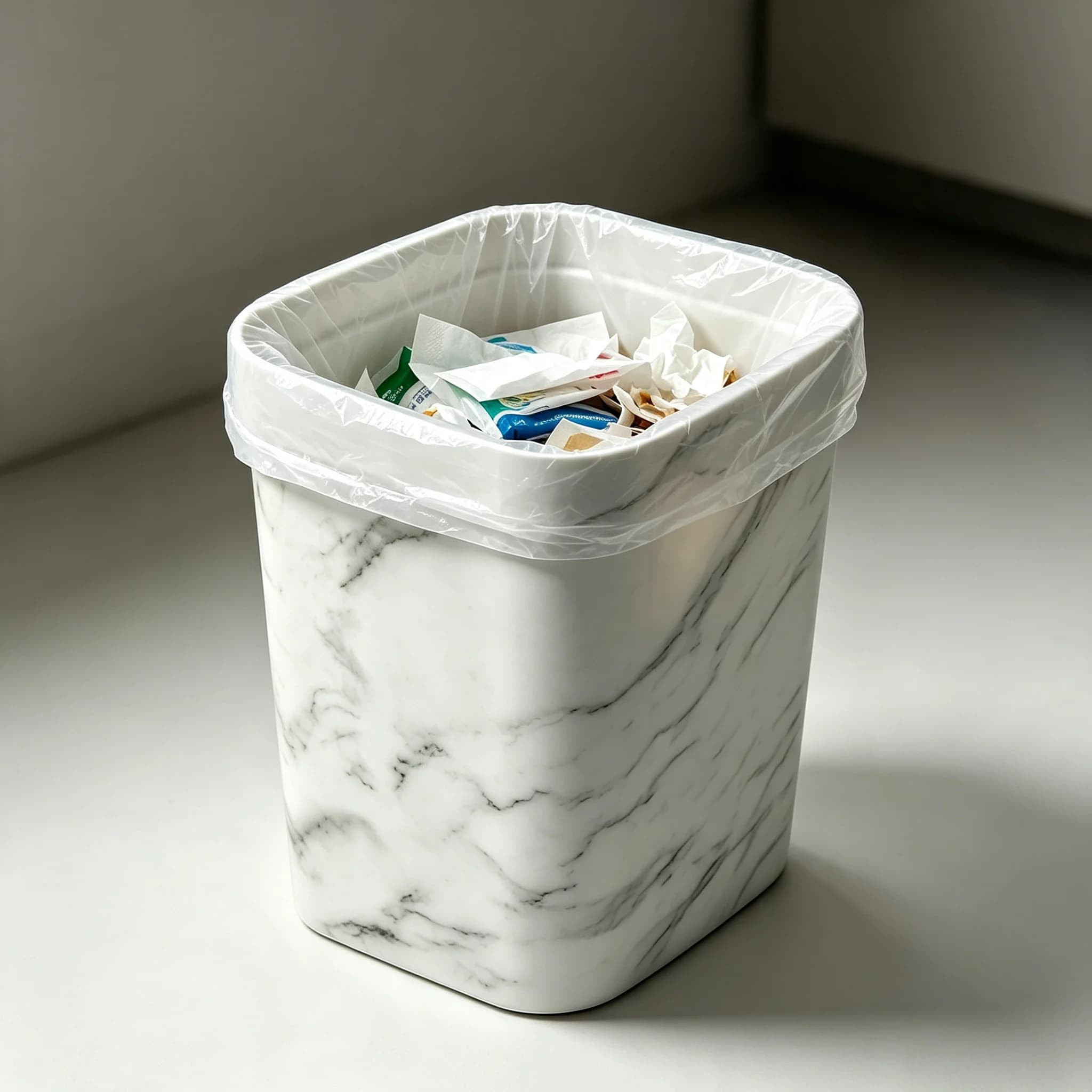 Marble Pattern Open‑Top Trash Can, Square Plastic Waste Bin with Garbage Bag Press Ring, Decorative Uncovered Garbage Container for Bathroom Kitchen Living Room Bedroom Home