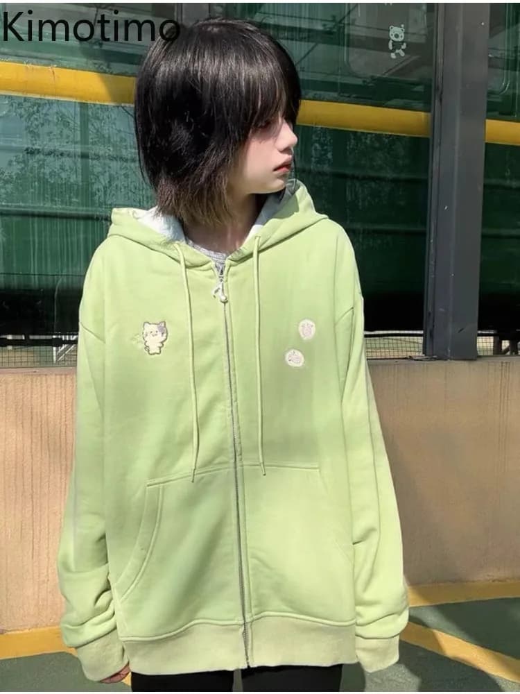 Kimotimo Green Cat Ears Felpa con cappuccio Donna Autunno Inverno Carino Allentato Cerniera Cappotti con cappuccio Tasche Y2k giapponesi Felpe casual Top