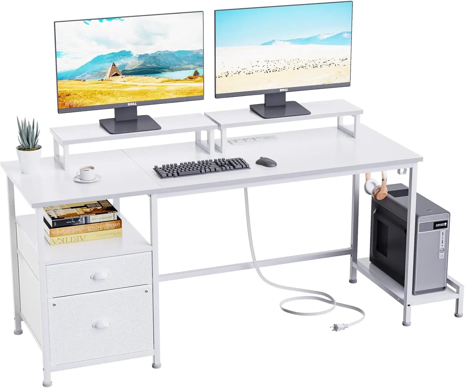 Scrivania da Ufficio da 55 Pollici con Prese di Corrente, Supporti per Monitor, Armadietto e Spazio di Archiviazione per Gaming e Lavoro