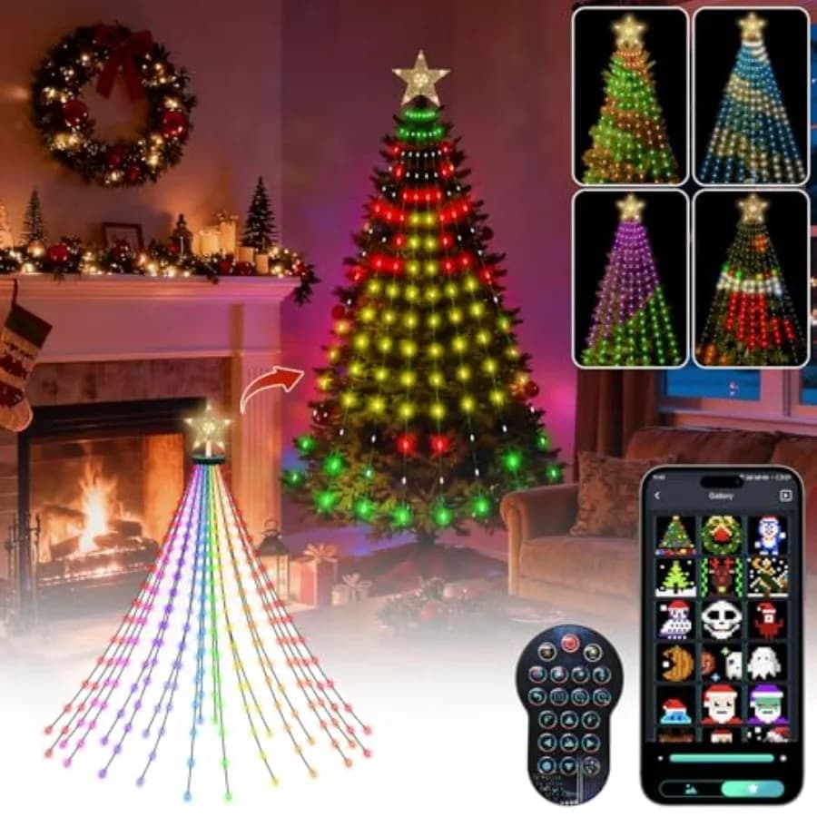 Luci Natalizie Intelligenti per Albero di Natale, Luci LED DIY che Cambiano Colore, Spettacolo Luminoso 6FT 200+ Scene, Luci a Cascata per Albero di Natale con Anello e Terminale