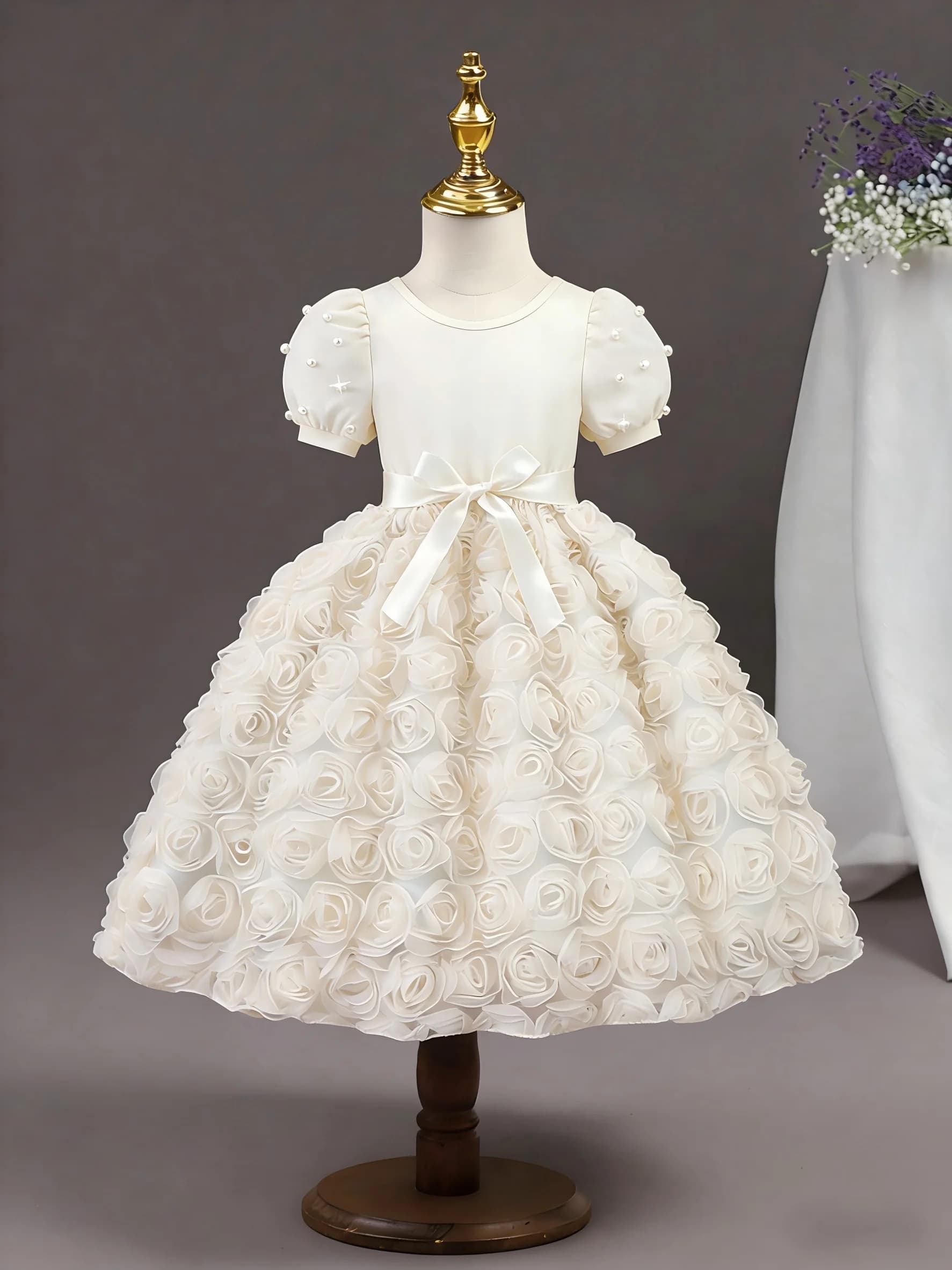 3D Rose Tulle Cream Dress | Pearl Embellished Princess Sleeve Formal Gown for Girls 8-12Y