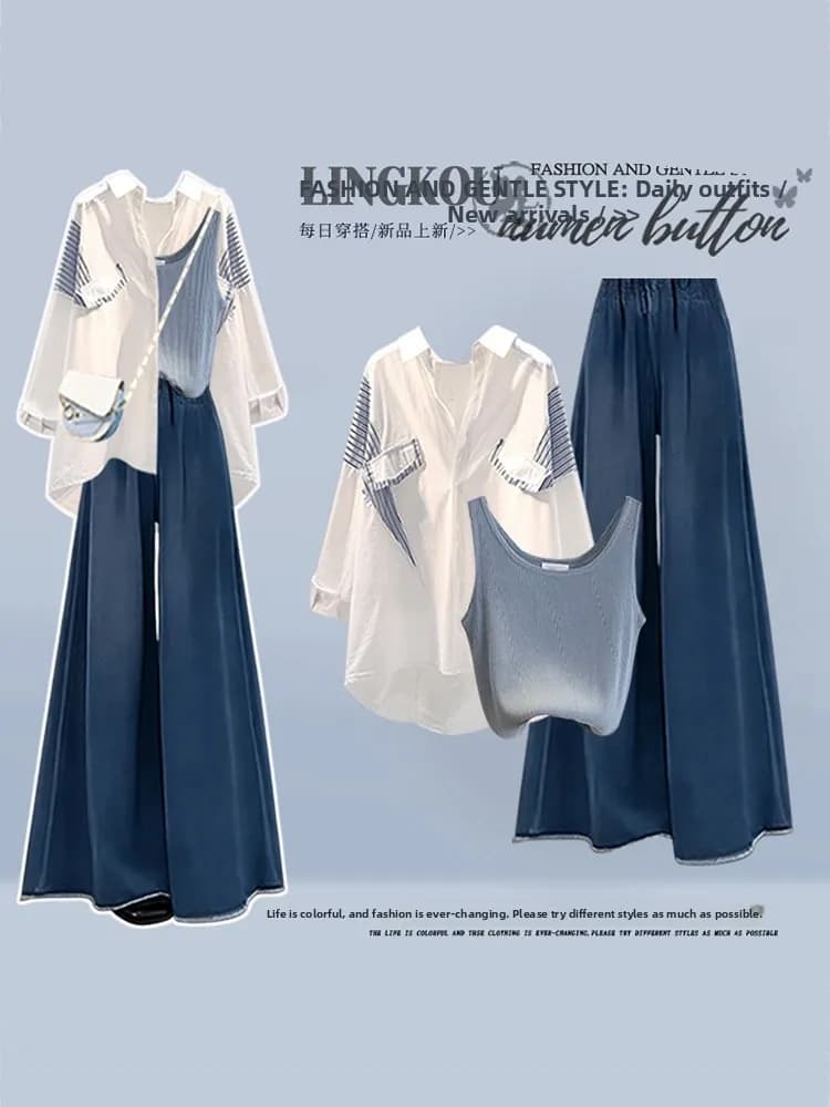 Summer New Large Size Light Maturity Style Set Elegant Simple Shirt Inner Vest Slimming Jeans Three-piece Set Match Casual Fa...
