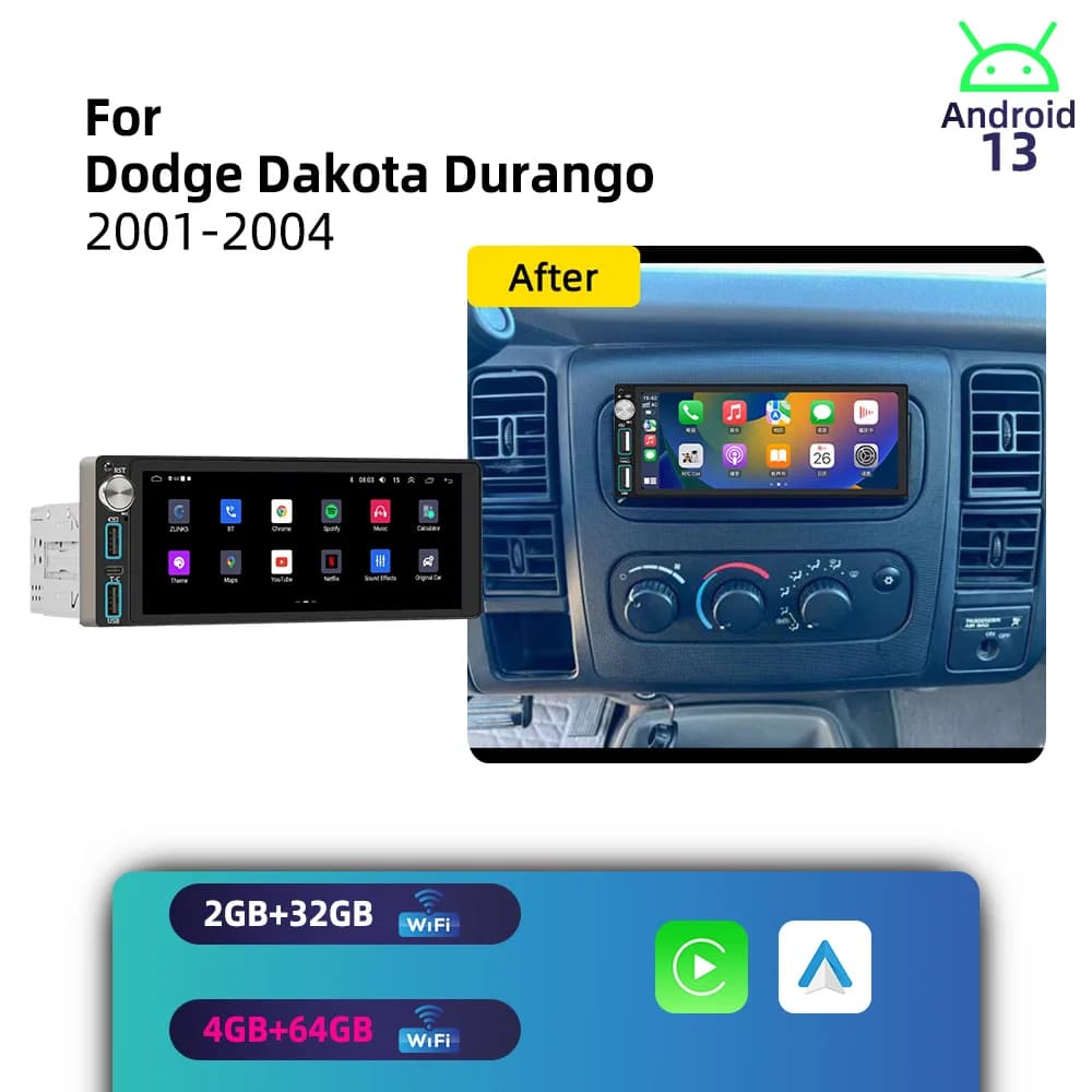 Autoradio Wireless CarPlay Android 6.86" 1 Din per Dodge Dakota Durango 2001-2004 con GPS e Multimedia