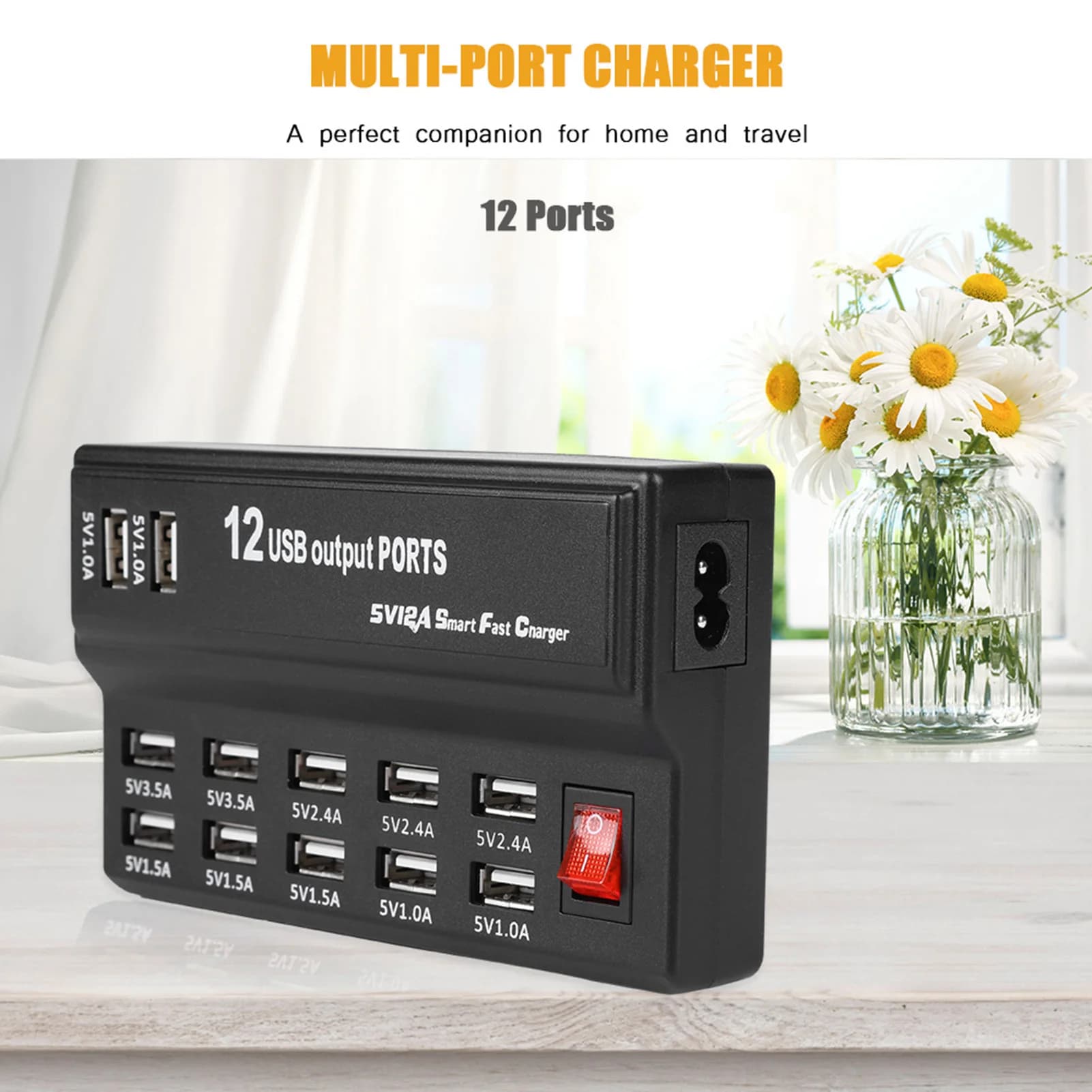 Stazione di ricarica USB a 12 porte Hub USB a 12 porte Adattatore di alimentazione 5V 12A Adattatore per stazione di ricarica Viaggio a casa