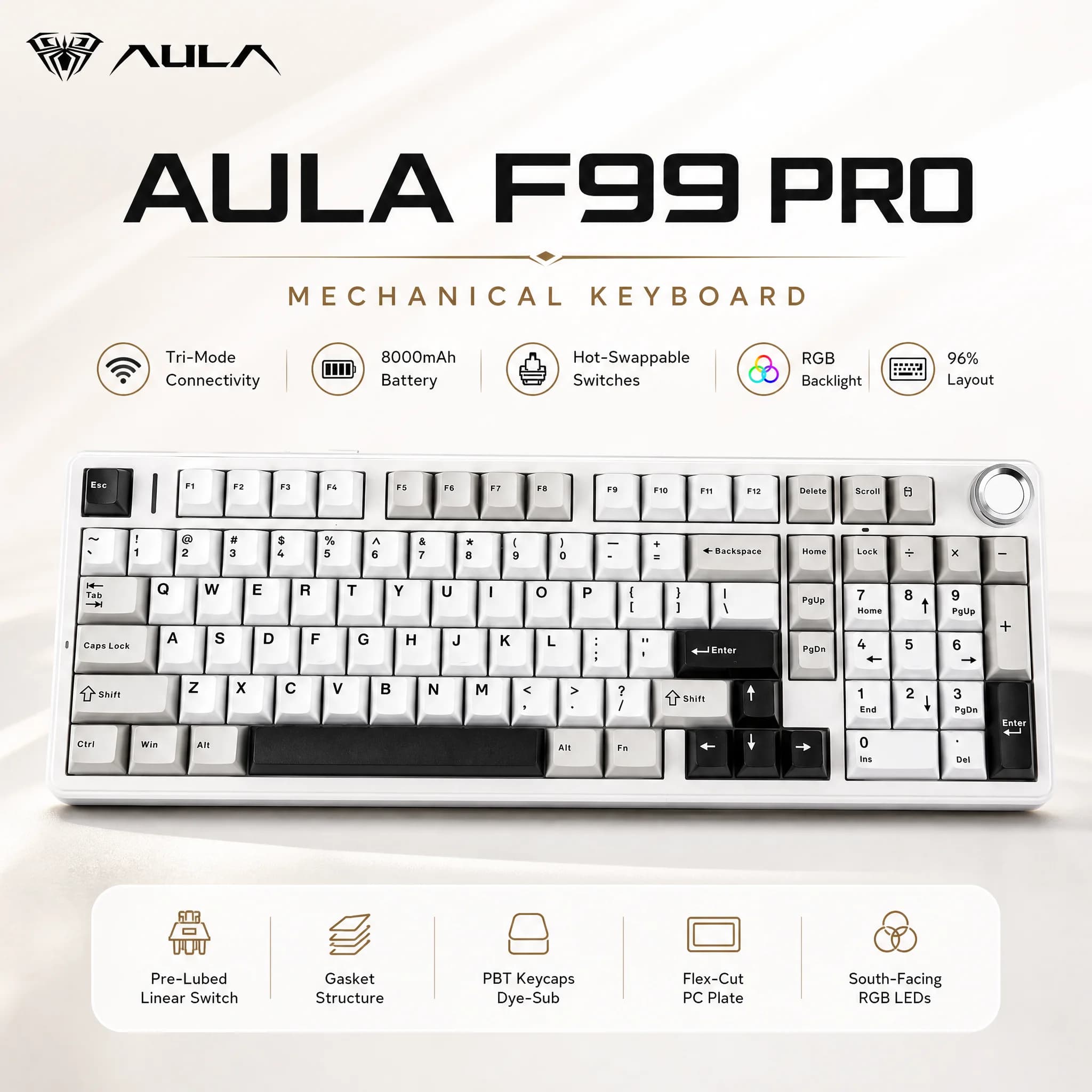 Tastiera Meccanica Wireless AULA F99 96%, Keycaps PBT Double-shot Bicolore, Tastierino Numerico Completo, 8000mAh, Gasket Hot-Swap, RGB Creamy