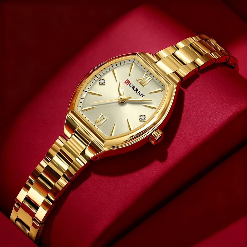 CURREN Vintage Style Tonneau Case Elegant Small Quartz Watch Women's Luminous Hands With Light Stainless Steel Bracelet