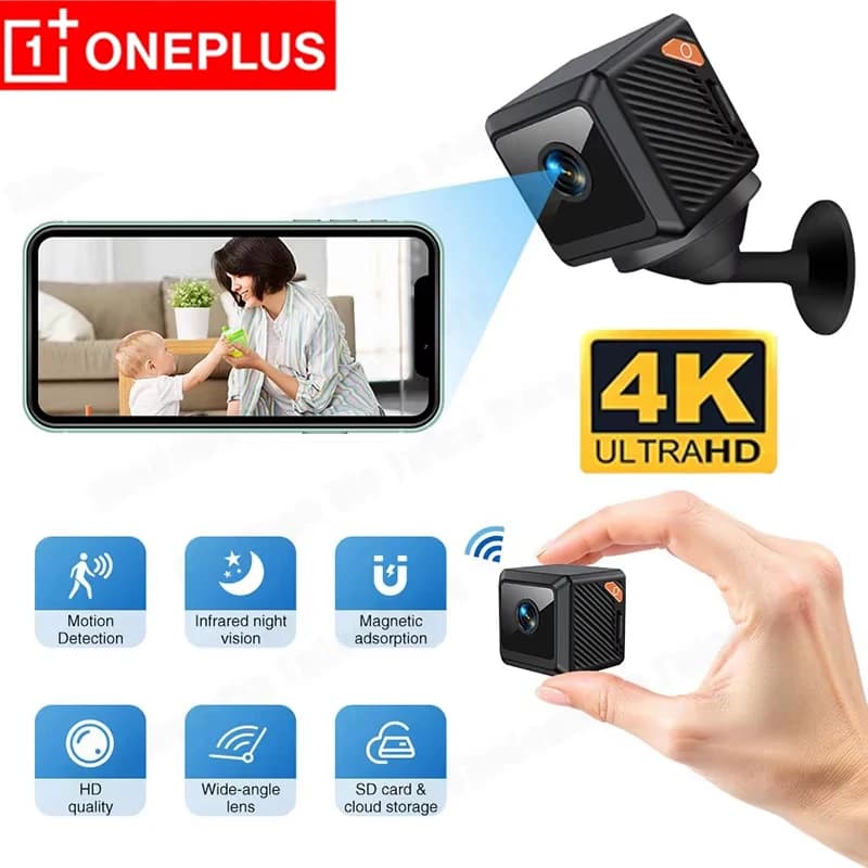 Telecamera Mini OnePlus con Forte Magnete, Videocamera Wireless WiFi 4K, Monitor per Bambini, Rilevamento Animali Domestici, Sicurezza Domestica, Visione Notturna