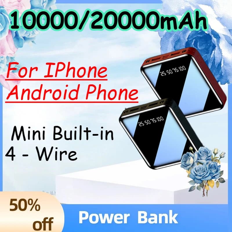 Power Bank Mini da 10000/20000mAh con 4 Cavi Integrati per iPhone e Android, Compatto, Leggero e Sottile