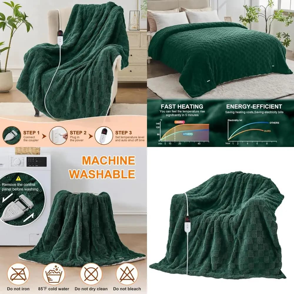 Coperta elettrica Twin Jacquard Sherpa - 62x84, 6 livelli di calore, spegnimento automatico di 10 ore, protezione da surriscaldamento, verde scuro
