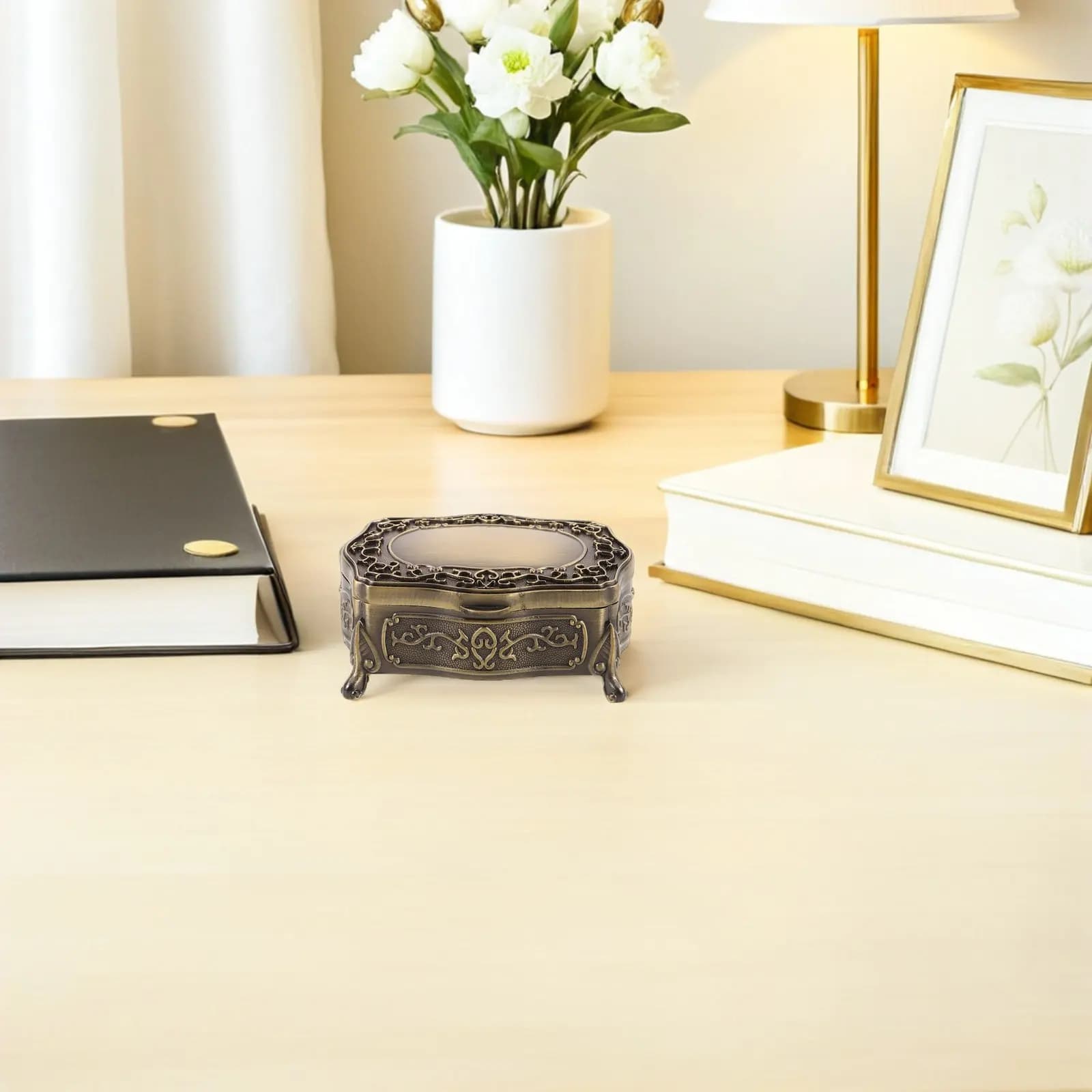 Vintage Bronze Rectangular Jewelry Storage Box Ornate Treasure Chest Case for Rings Earrings Necklaces Trinkets Keepsake
