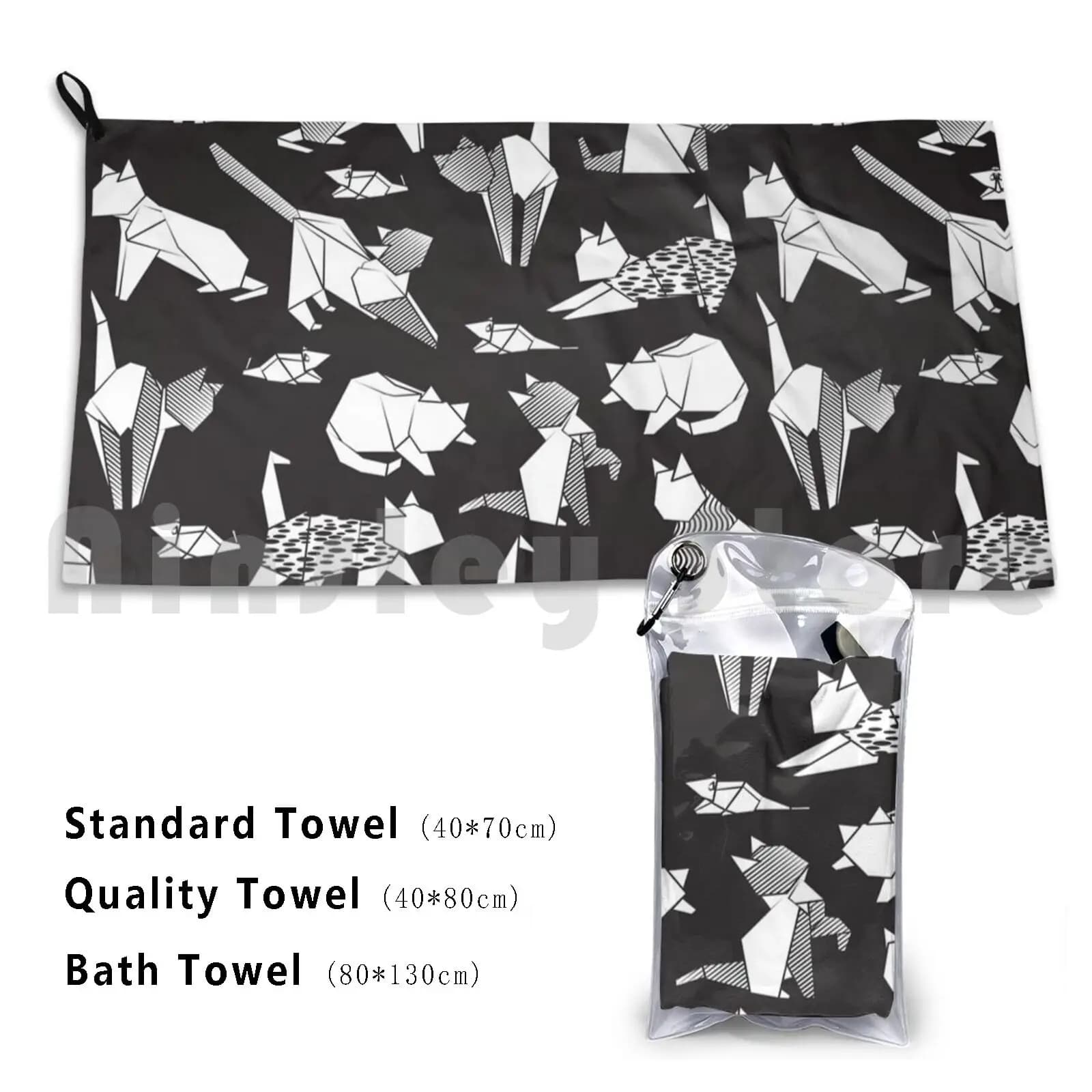 Origami Kitten Friends / / Black Background White Coloring Paper Cats Custom Towel Bath Towel Cat