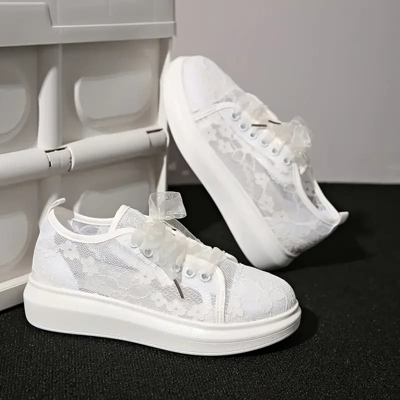 Women's White Lace Floral Platform Sneakers | Sheer Mesh Transparent Ribbon Lace Up Casual Shoes | Sweet Fashion Sneakers for Su