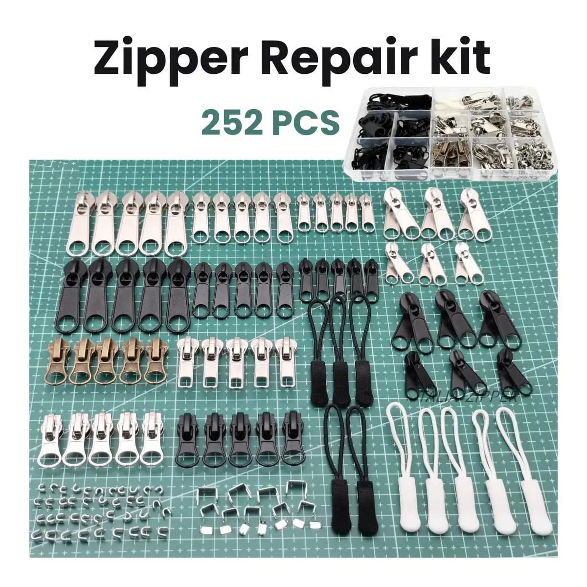 252 Pieces Zipper Repair Kit Replacement Zipper, Zipper Pulls, Installation Tools for Bags Tents Luggage Sleeping Bag Jacket Out