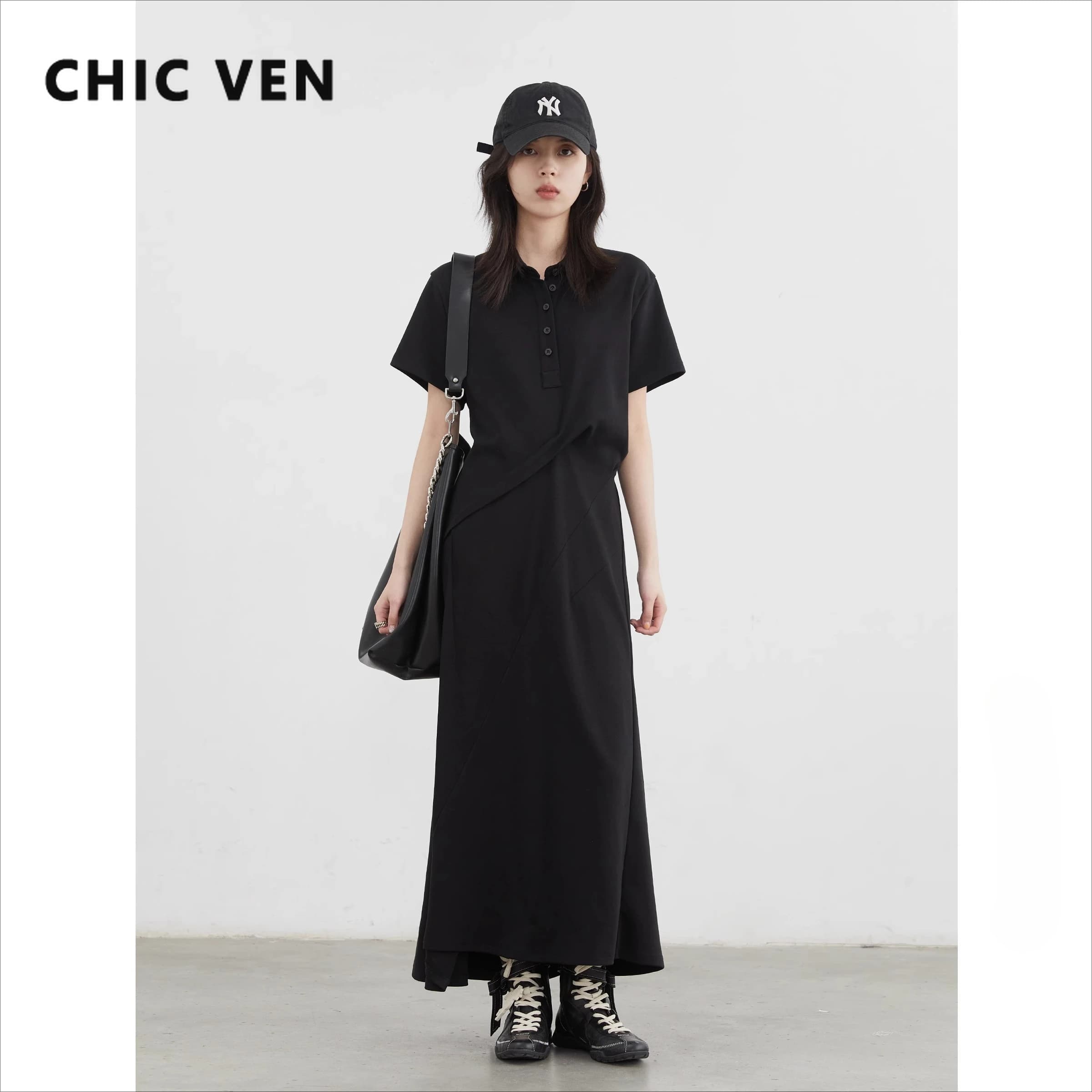 CHIC VEN Abiti da donna coreani Allentati Casual T-shirt a maniche corte Design Abito pieghevole Cappotto da donna Estate 2025 Abbigliamento