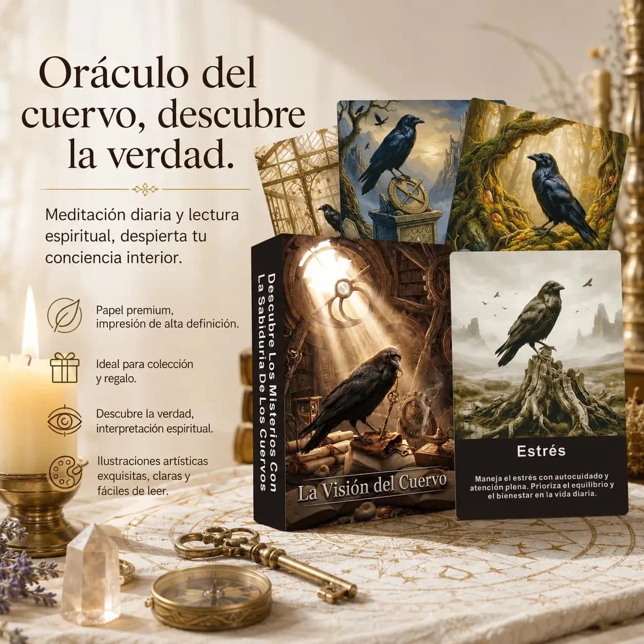 50 Spanish Oracle Cards, Raven Eye Dark Gothic Tarot Deck, Meditation Spiritual Tool, Divination Kit, Mystical Gift