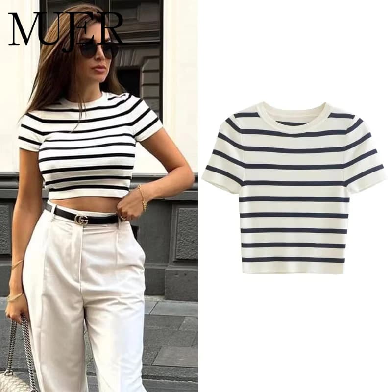 MUJER Maglioni corti lavorati a maglia a righe per donna Maglia a maniche corte Top Donna 2025 Pullover Maglieria Maglioni corti Top Donna