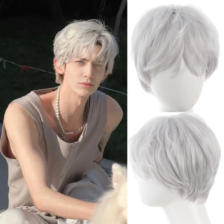 Parrucche sintetiche per uomo berretto rotto 10 cm capelli corti lisci leggermente ricci parrucca bianca argento coda di cavallo cosplay regali di Natale