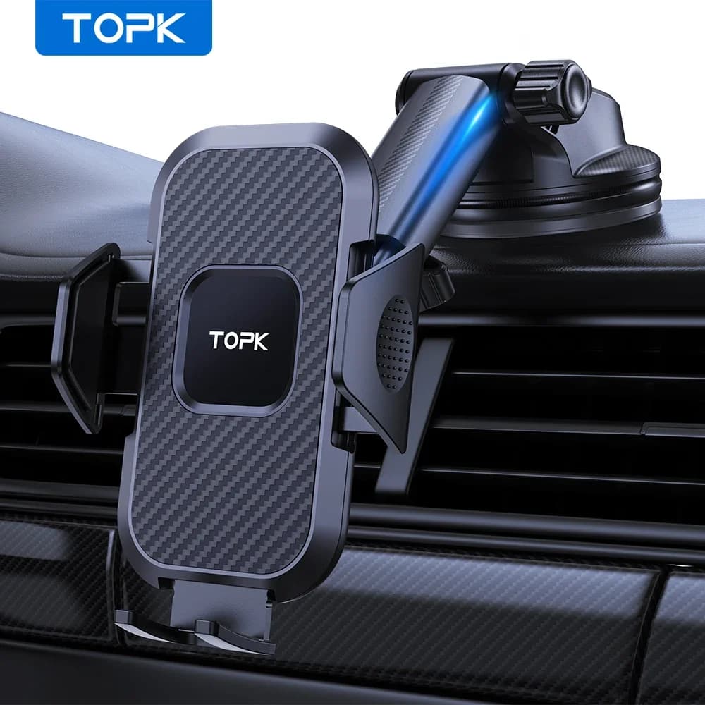 Supporto per telefono da auto TOPK, supporto universale regolabile per cruscotto e parabrezza, compatibile con tutti gli iPhone