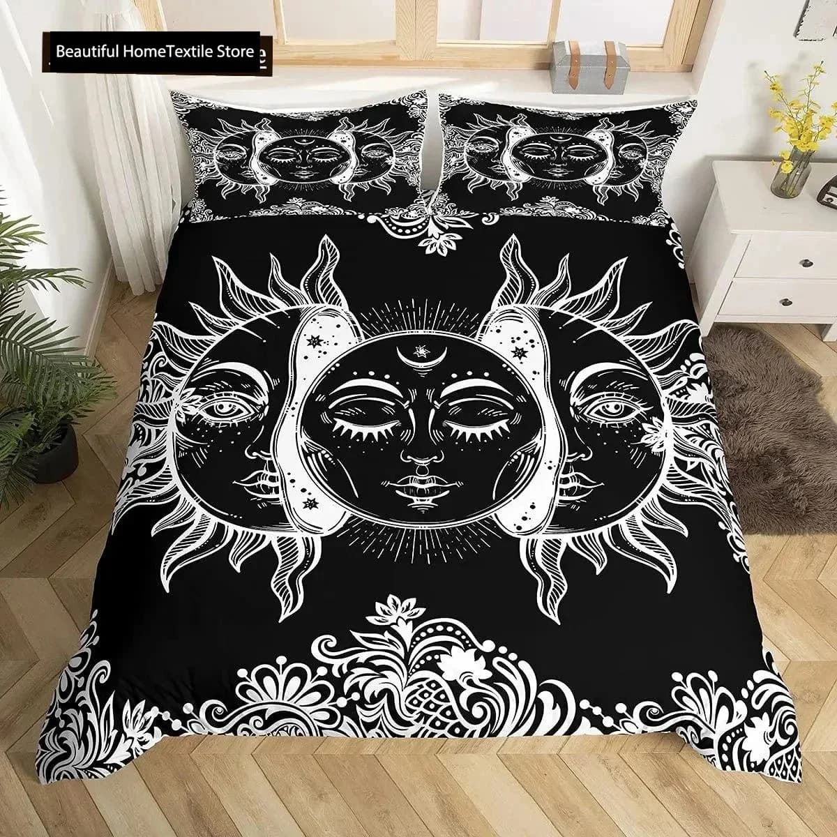 Set copripiumino Mandala Set copripiumino sole e luna Cravatte Set biancheria da letto in poliestere floreale botanico in bianco e nero stile esotico