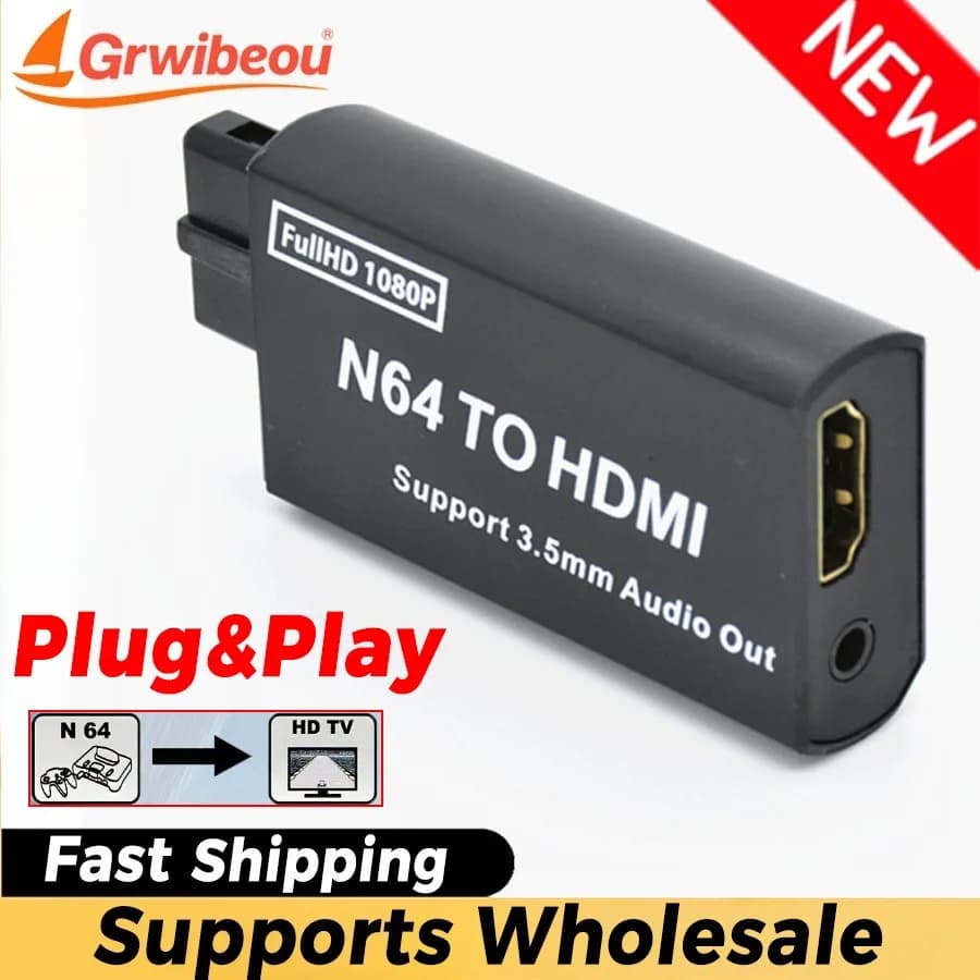 Grwibeou 1080P N64 to HDMI Compatible Converter Adapter HD Plug and Play cable adapter for Nintendo 64/NGC/SNES accessories