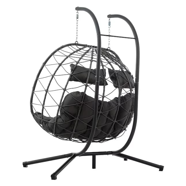 *q2-Person Hanging Chair Patio Swing Egg Chair Rattan Dark Gray Steel Frame Hanging Egg Chair with Dark Gray Cushioned Seat