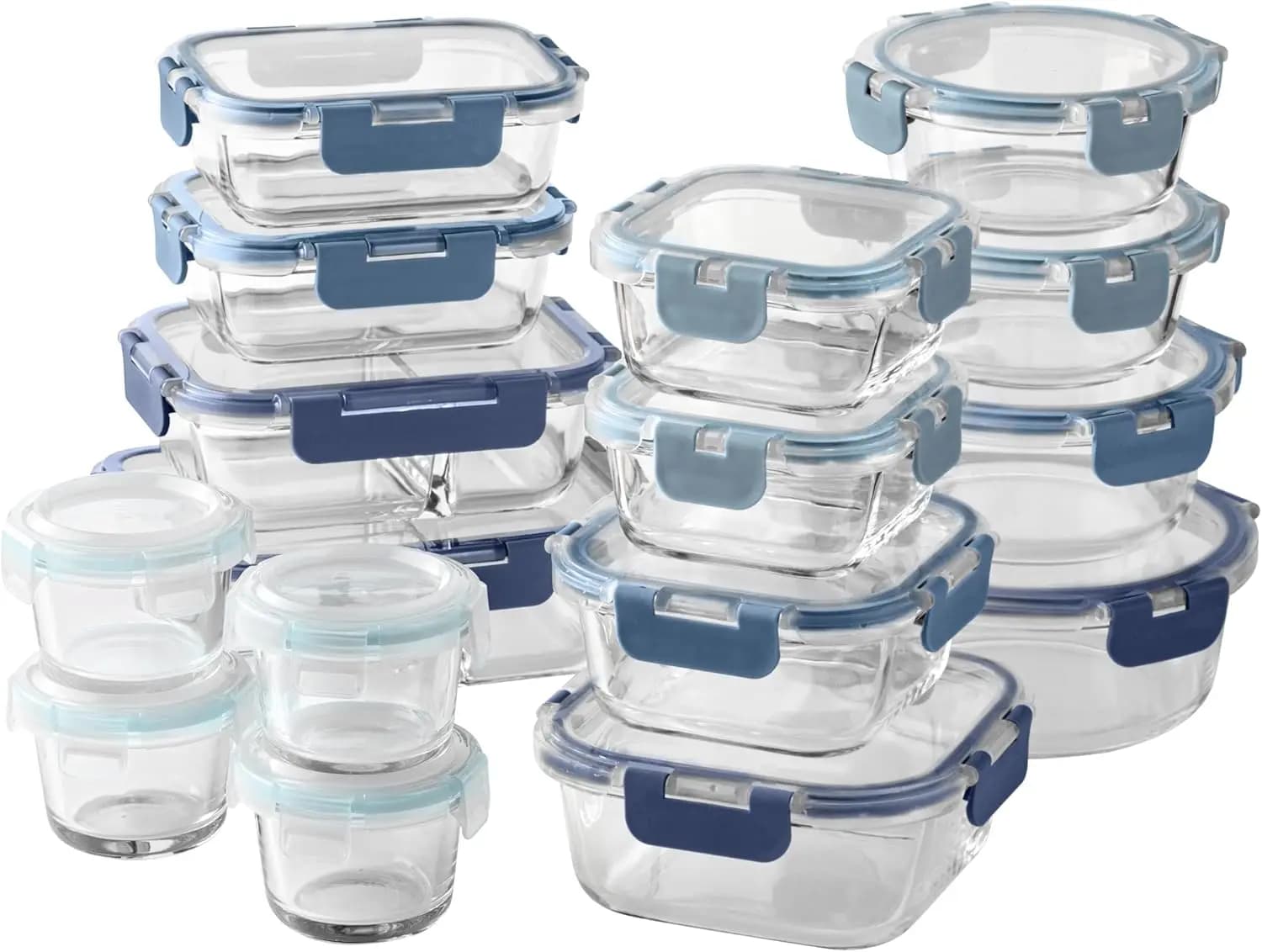 Set di 32 Contenitori per Alimenti in Vetro Borosilicato con Divisori - Ermetici, Impilabili, per Preparazione Pasti, Blu Sfumato