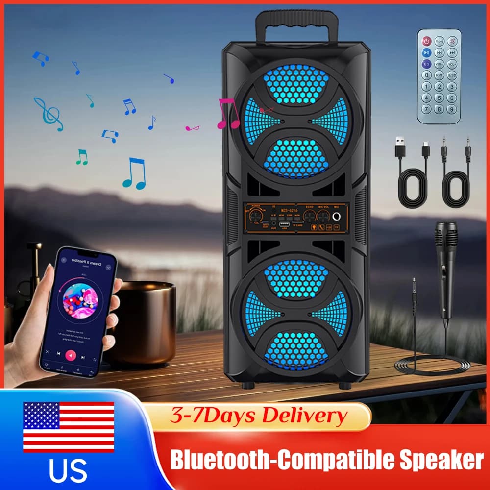 Bluetooth Speaker Portable with Subwoofer, Low Backgrounds, LED Light, Microphone & Remote Control, USB/TF/AUX/FM/BT/TWS Support for Party, Barbecue, Home & Exterior