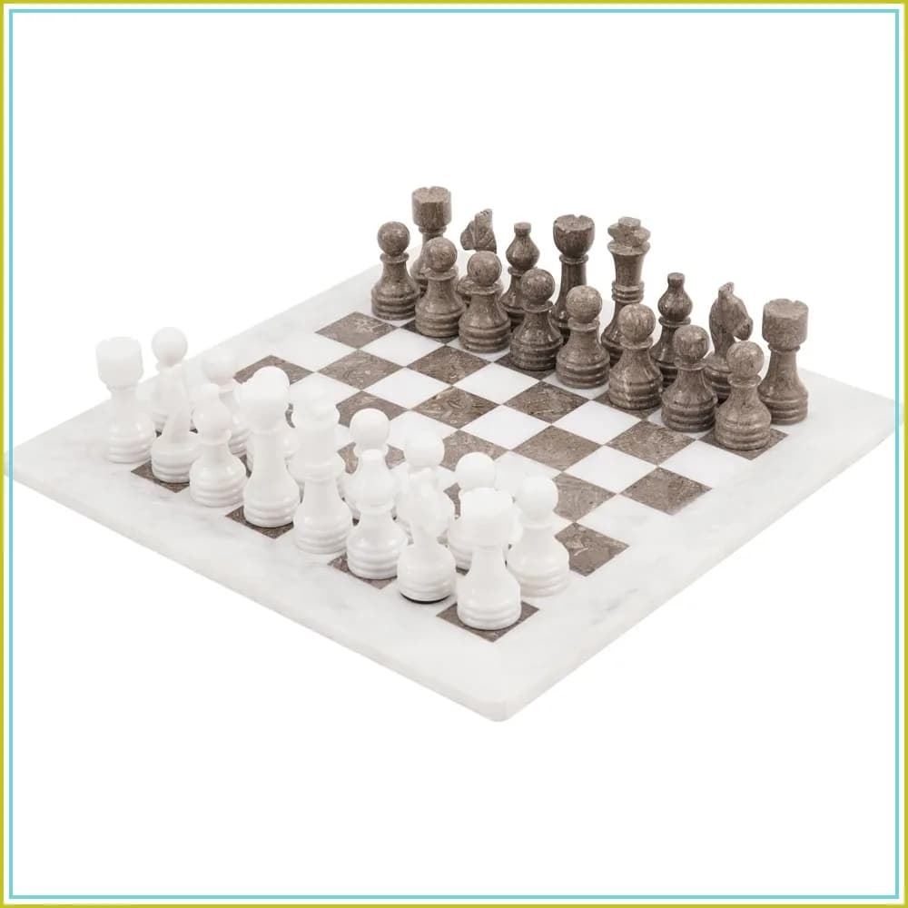 Marble Chess Set 15" Inches Handmade White Grey Oceanic Classic Board Game for Adults Luxury Chess Board & Pieces