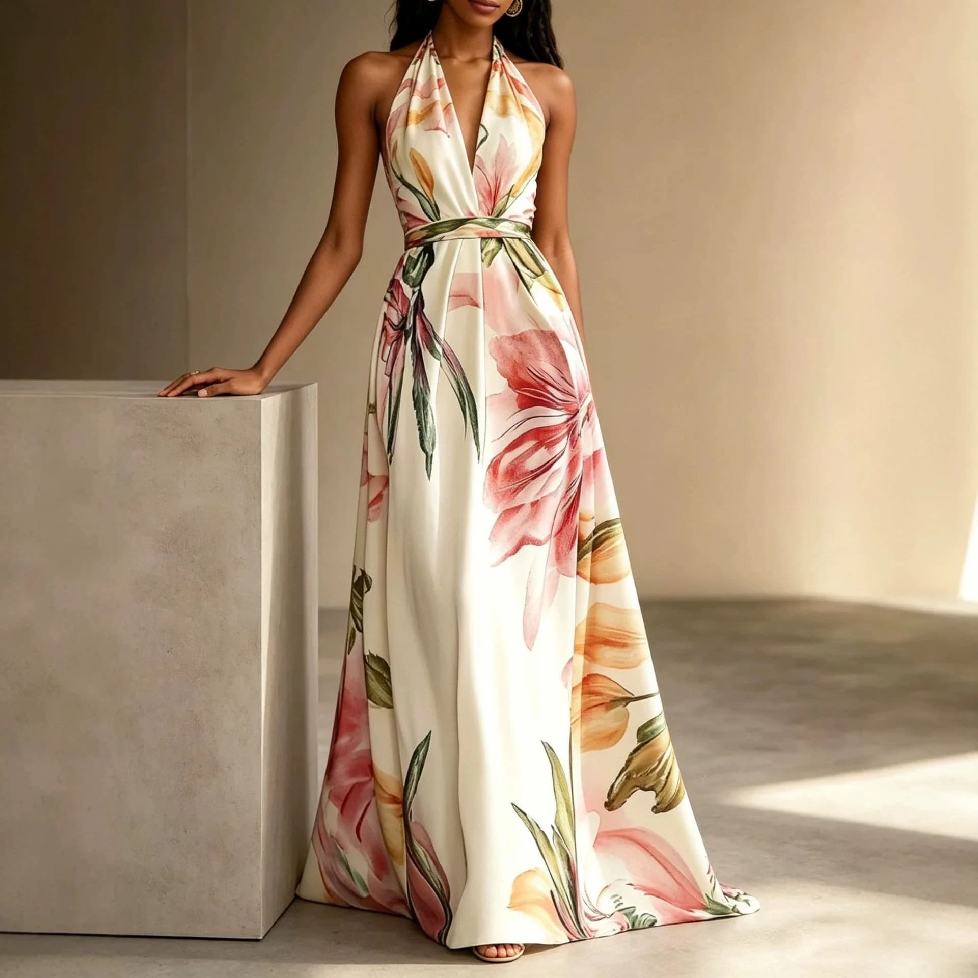Elegant Backless Printed Maxi Dress with Belt High Waist Knitted Polyester Summer 2026 Casual Vacation Style Women's Dress
