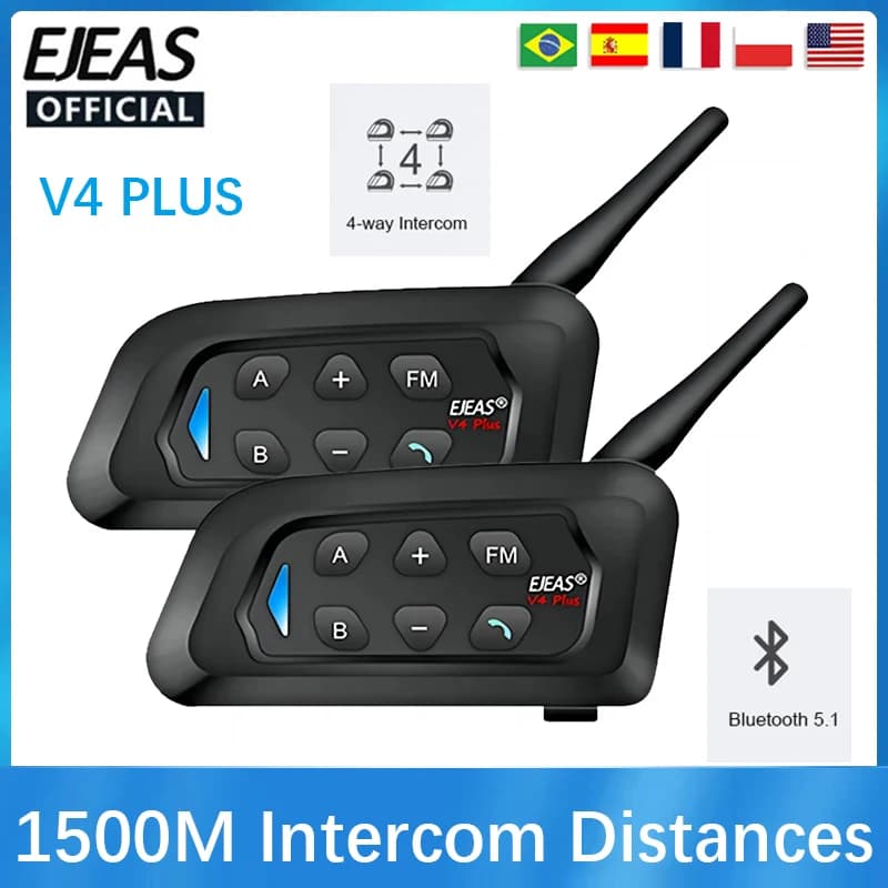 EJEAS V4 PLUS casco auricolare Bluetooth interfono 2-4 Riders 1500M Full Duplex Intercomunicador microfono auricolare cuffie