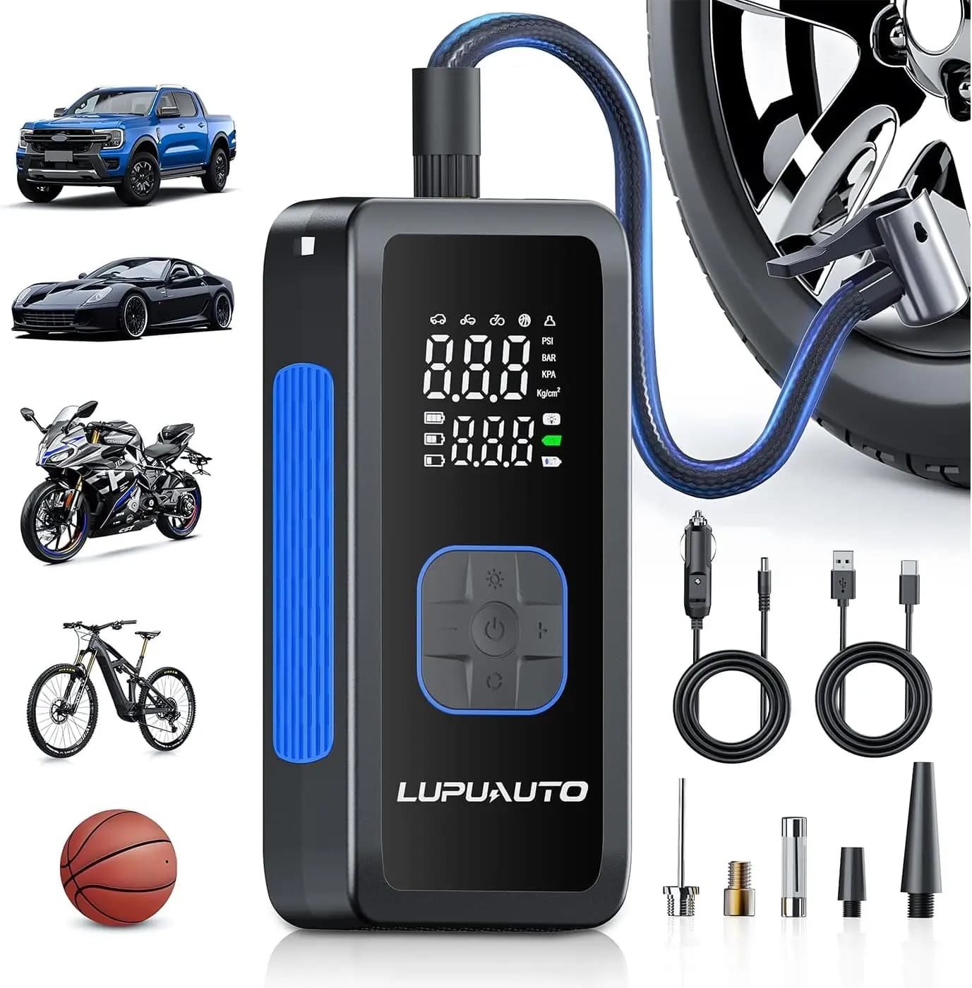 Pompa ad aria portatile per gonfiaggio pneumatici da 150 PSI con manometro e luce a LED per auto, bici, moto, palline