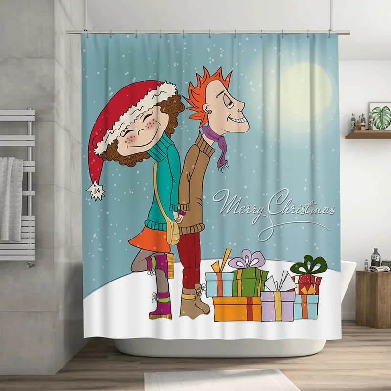 TU Tenda da doccia natalizia Decorazioni festive per le vacanze Scena del villaggio invernale Confezione regalo Modello Decorazioni per il bagno Tessili per la casa Regalo di Natale