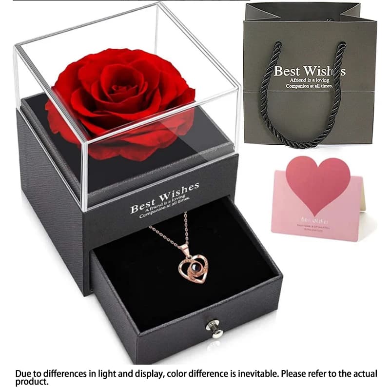 Set di 1 Collana con Zirconi a Forma di Cuore, Regalo per la Festa della Mamma, Fiore Eterno Artificiale, Confezione Regalo, Scatola per Gioielli