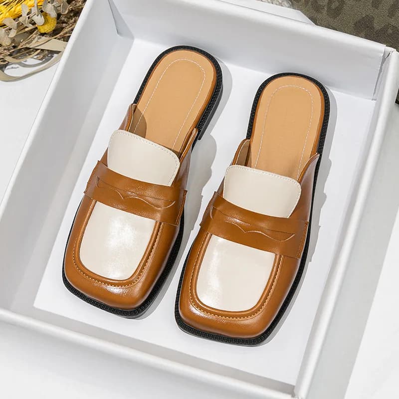 Autumn Women's Toe-covered Half Slippers Square Head Metal Decorative Leather Shoes One Step Stepping Oversized Muller Shoes